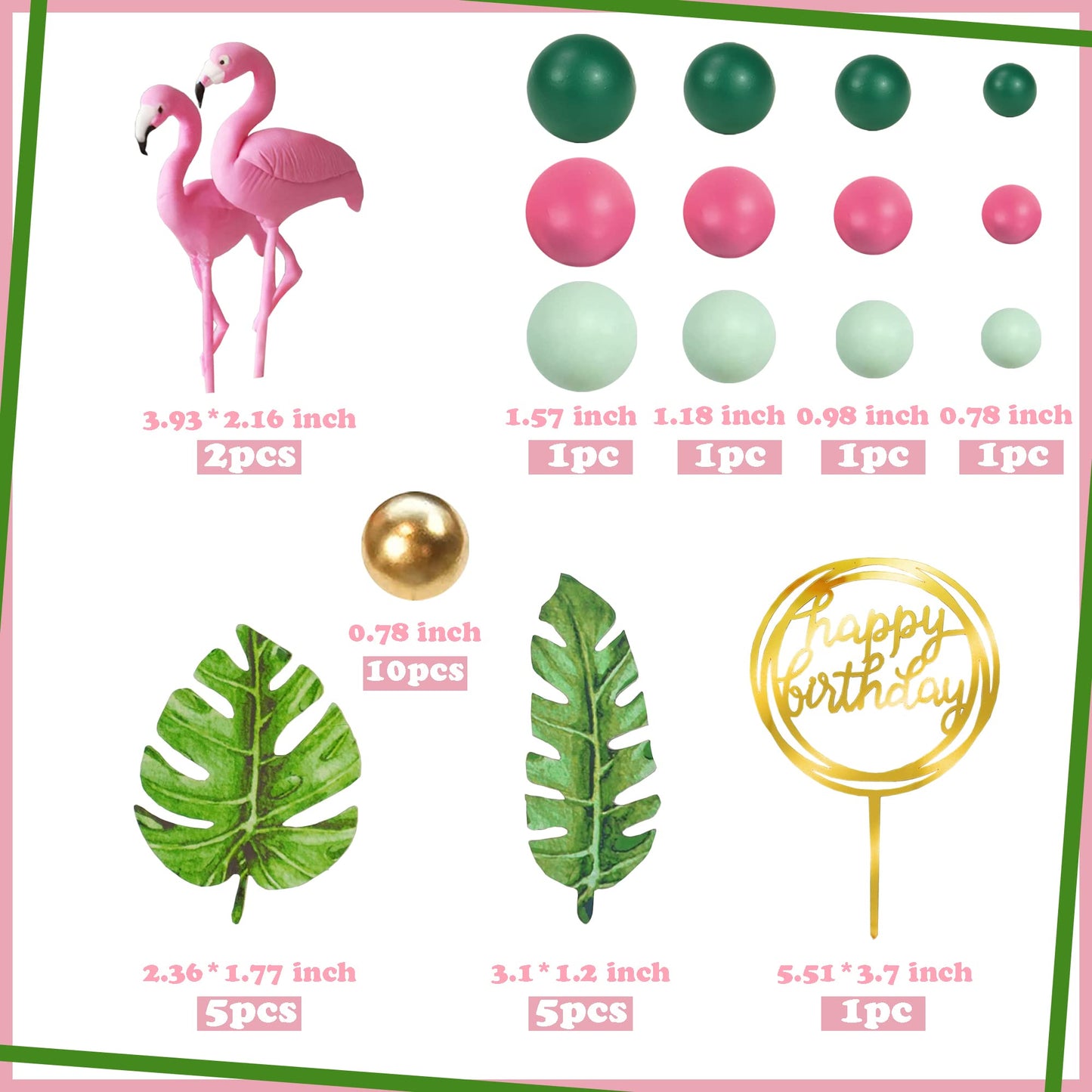 Flamingo Cake Toppers Summer Cake Decorations With Palm Leaf Cake Toppers Green Hot Pink Pearl Ball Cake Toppers For Tropical Ha