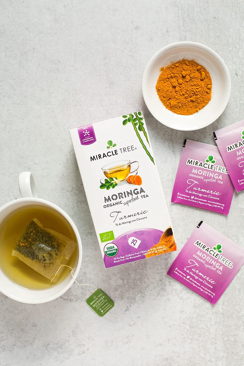Tree Organic Moringa Superfood Tea - 25 Sealed Bags, Turmeric, 3 Count, Vegan, Gluten-Free, Caffeine-Free