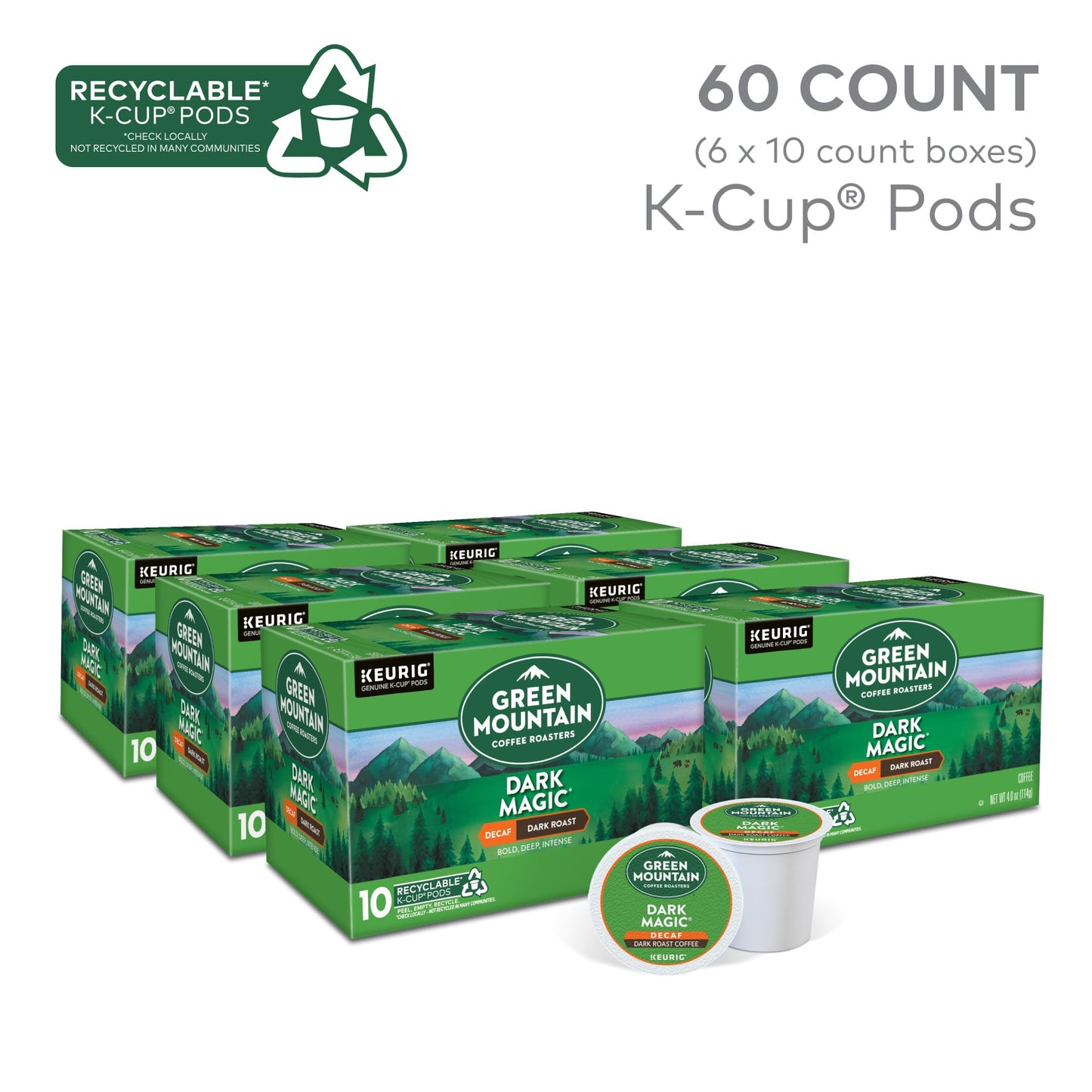 Green Mountain Coffee Dark Magic Decaf, Keurig Single Serve K-Cup Pods, Dark Roast Coffee, 60 Count, (6 Packs Of 10)