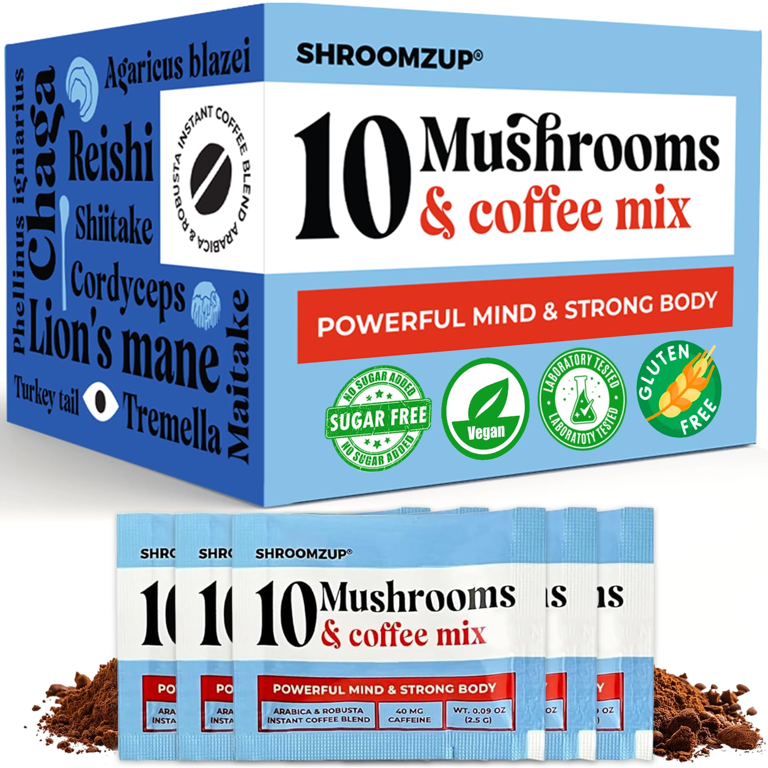 Shroomzup Mushroom Coffee Instant with 10 Mushrooms - 15 Single Packets with Reishi, Lions Mane, Chaga, Turkey Tail, Cordyceps 