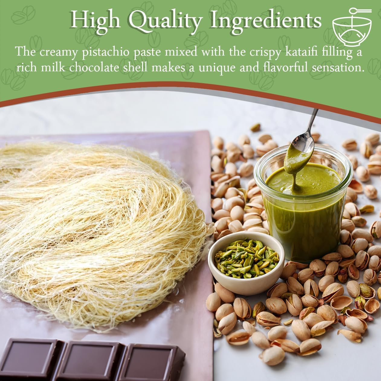 Dubai Chocolate Bar Pistachio Knafeh - Luxury Rich Milk Chocolate, Individually Wrapped Fresh, Premium Pistachio Cream Kataifi F