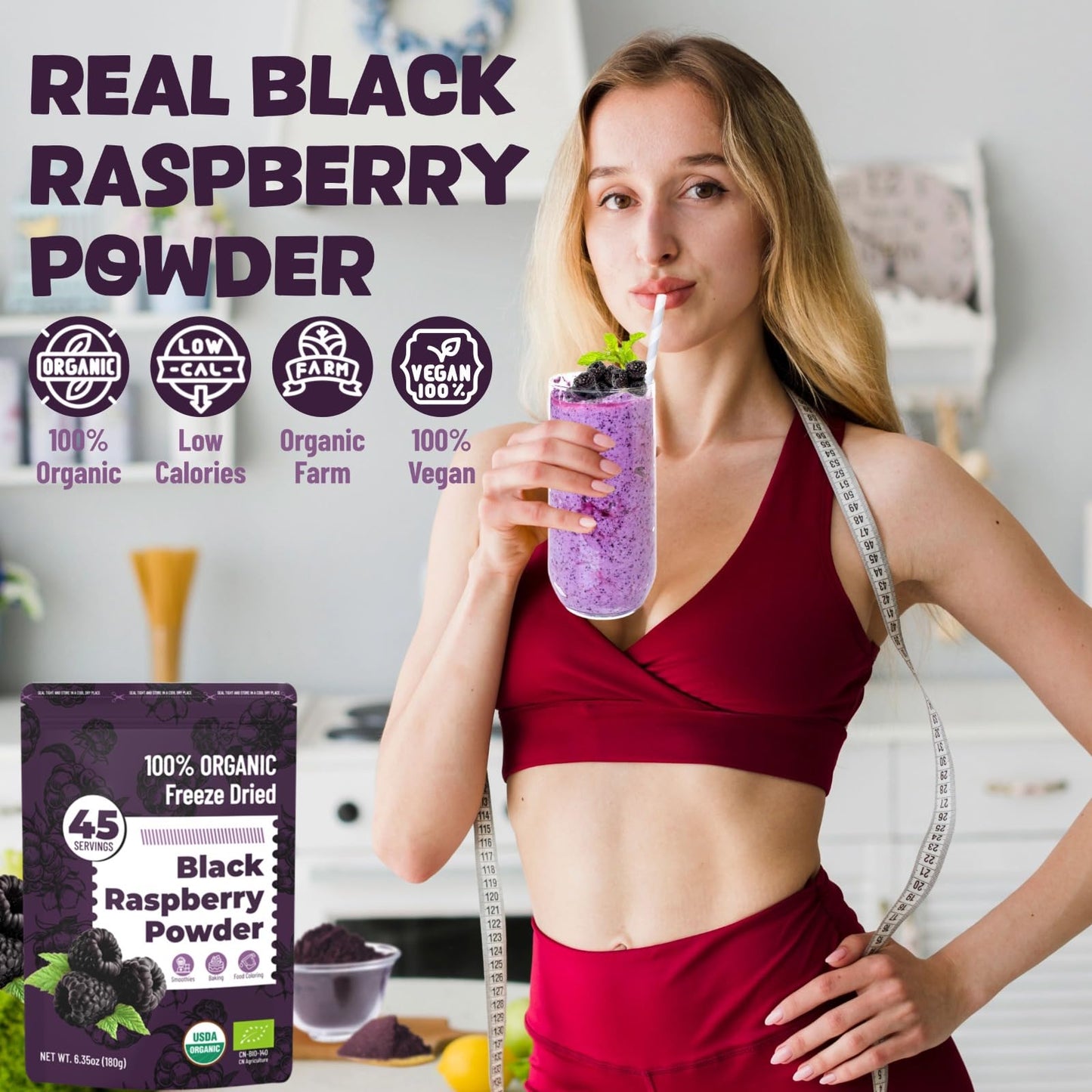 SIHASO Organic Freeze Dried Black Raspberry Powder, 6.35oz - 100% Whole Fruit, Vegan Superfood for Smoothies & Baking, Black Raspberry Flavor