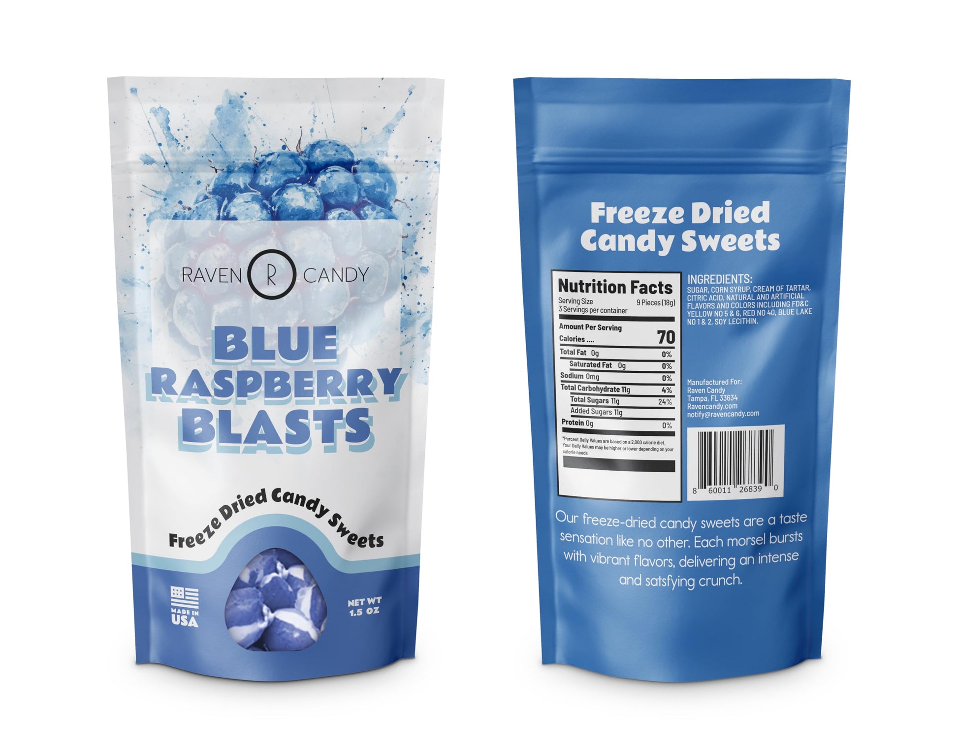 Raven Candy Blue Raspberry Blasts Freeze Dried Candy 1.5 oz | Crunchy & Zesty | Perfect for On-The-Go Snacking | Light & Airy Sw