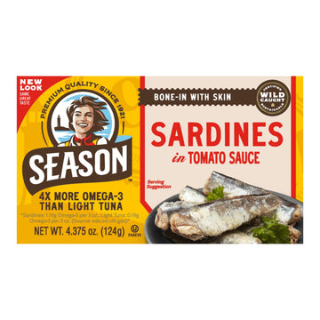 Season Sardines in Tomato Sauce - Wild Caught, 22g of Protein, Keto Snacks, More Omega 3's Than Tuna, Kosher, High in Calcium, C
