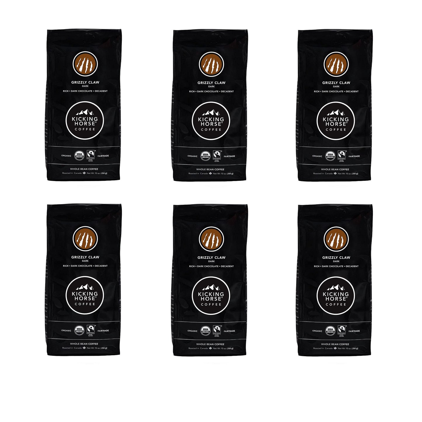 Kicking Horse Coffee, Grizzly Claw, Dark Roast, Whole Bean, 10 oz - Certified Organic, Fairtrade, Kosher Coffee (Pack of 6) (Pac
