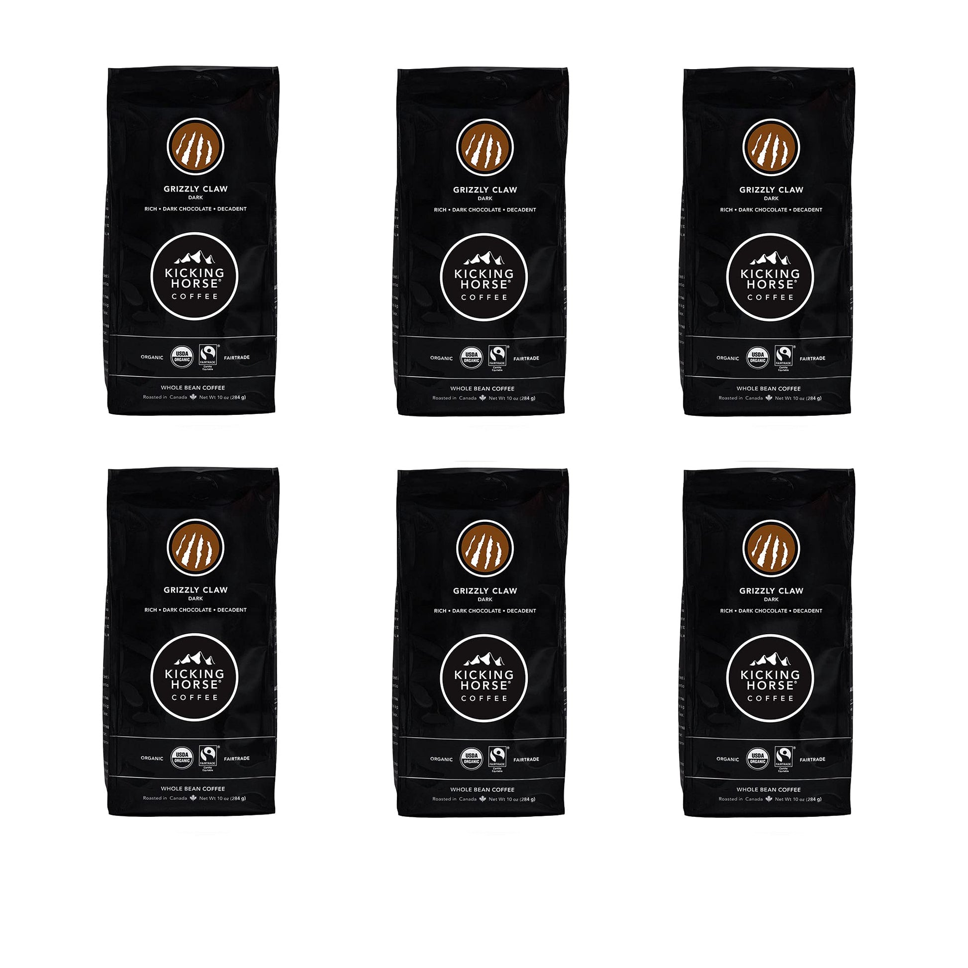 Kicking Horse Coffee, Grizzly Claw, Dark Roast, Whole Bean, 10 oz - Certified Organic, Fairtrade, Kosher Coffee (Pack of 6) (Pac