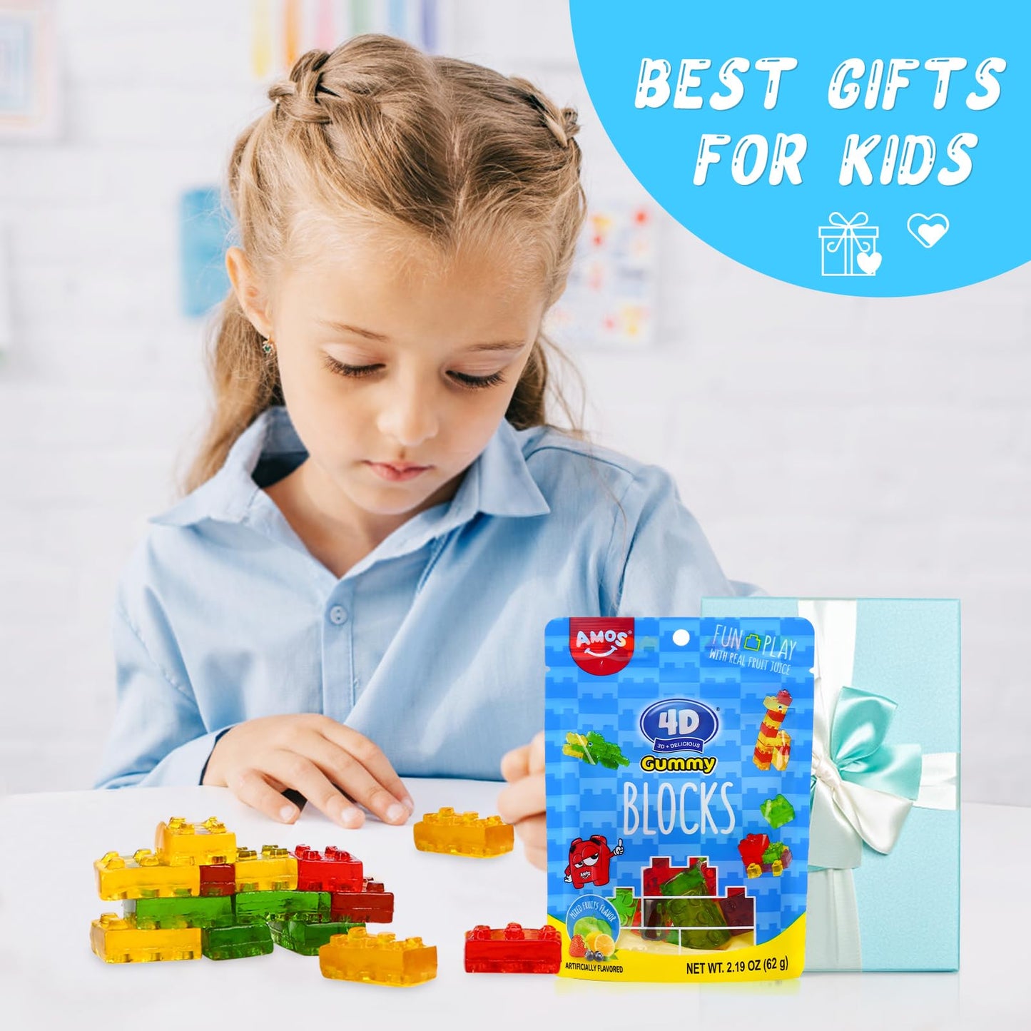 Amos 4D Gummy Blocks Candy Bricks, Edible Building Blocks, Themed Novelty Candy For Kids Birthday Party, Cupcake Topper, Reseala