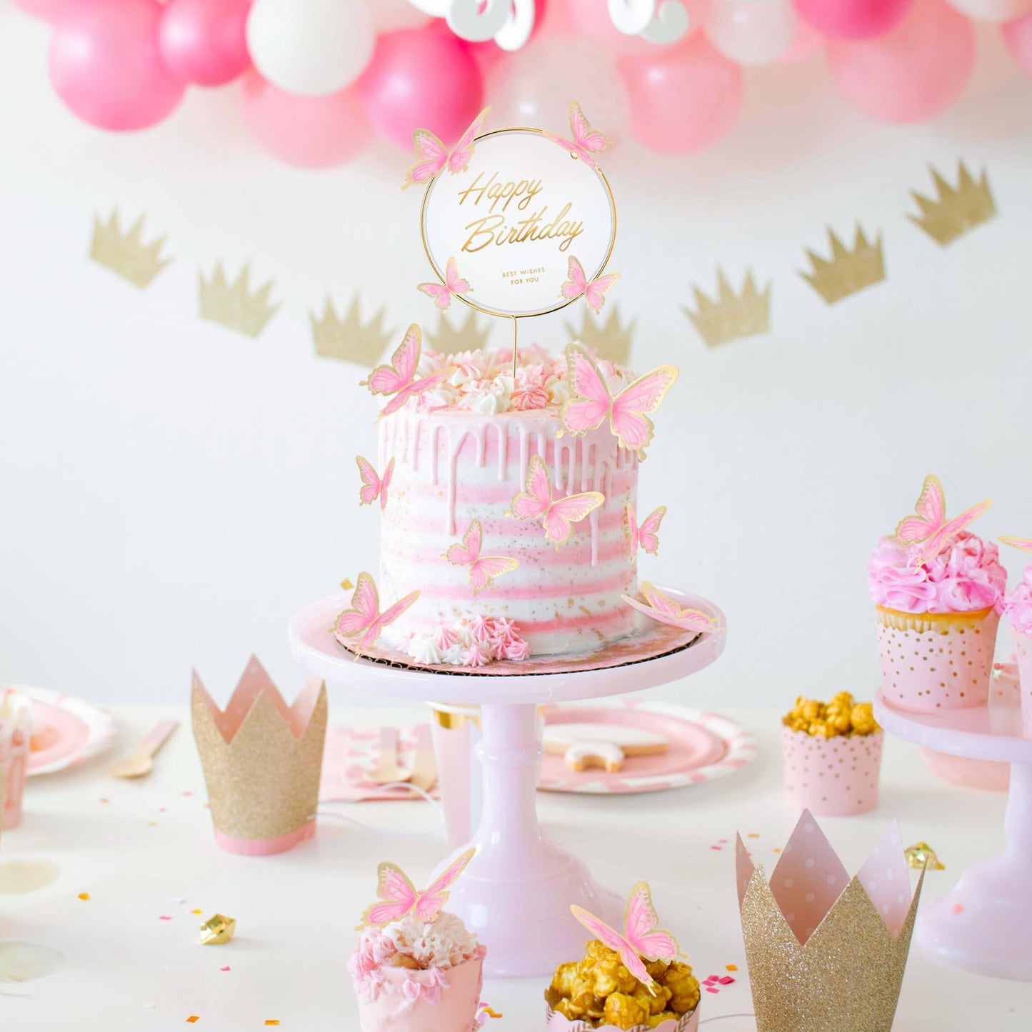 BHNKGZNA Butterfly Cake Toppers, 3D Pink Gold Decorations for Birthday, Wedding, Baby Shower, Plastic