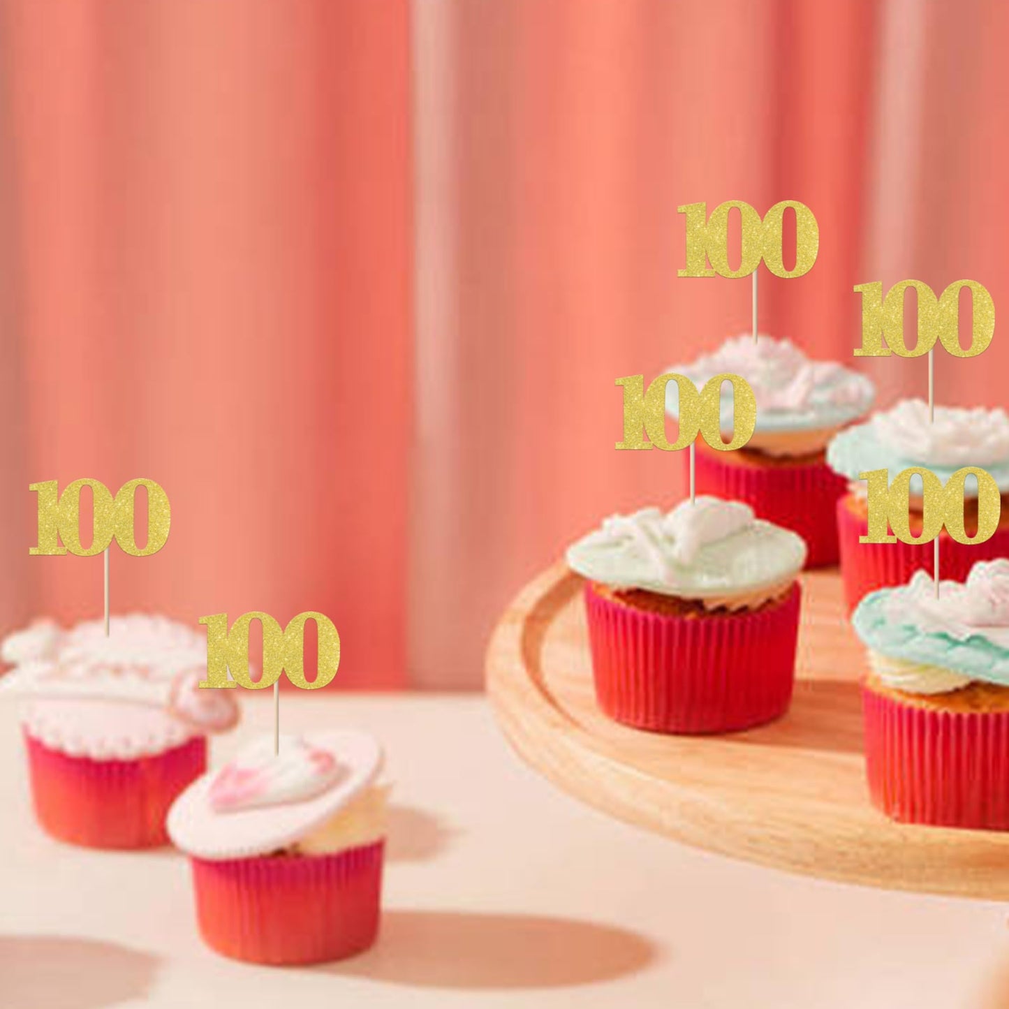 ZHUOWEISM 30 PCS Cupcake Toppers Glitter Happy 100 Days Birthday Picks Small Gold Bamboo