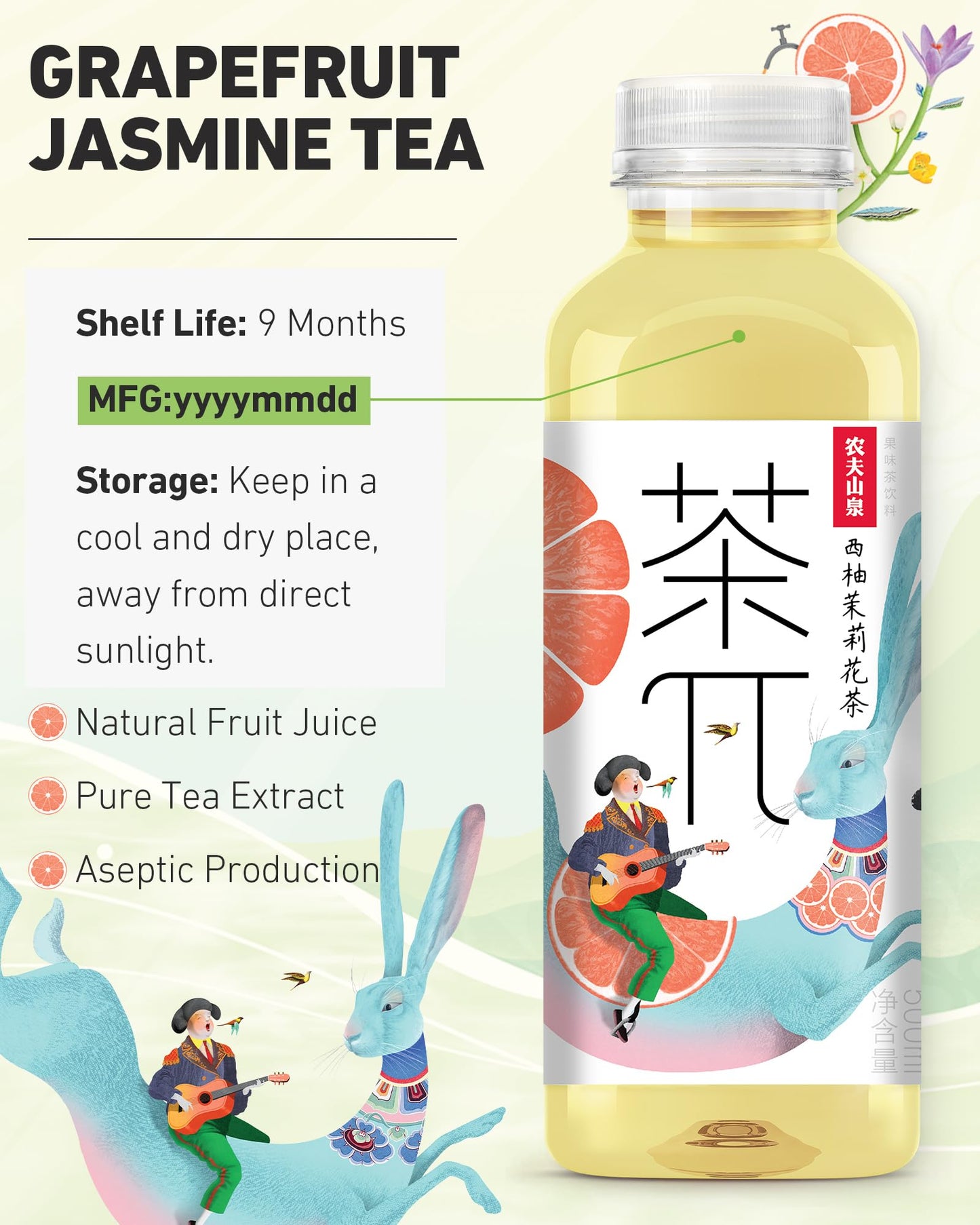 Tea Pi Iced Tea - Jasmine Green Tea, Grapefruit Sweet Iced Fruit Tea Bottles, Real Juice, -16.9 Fl Oz, 500Ml, 15 Pack