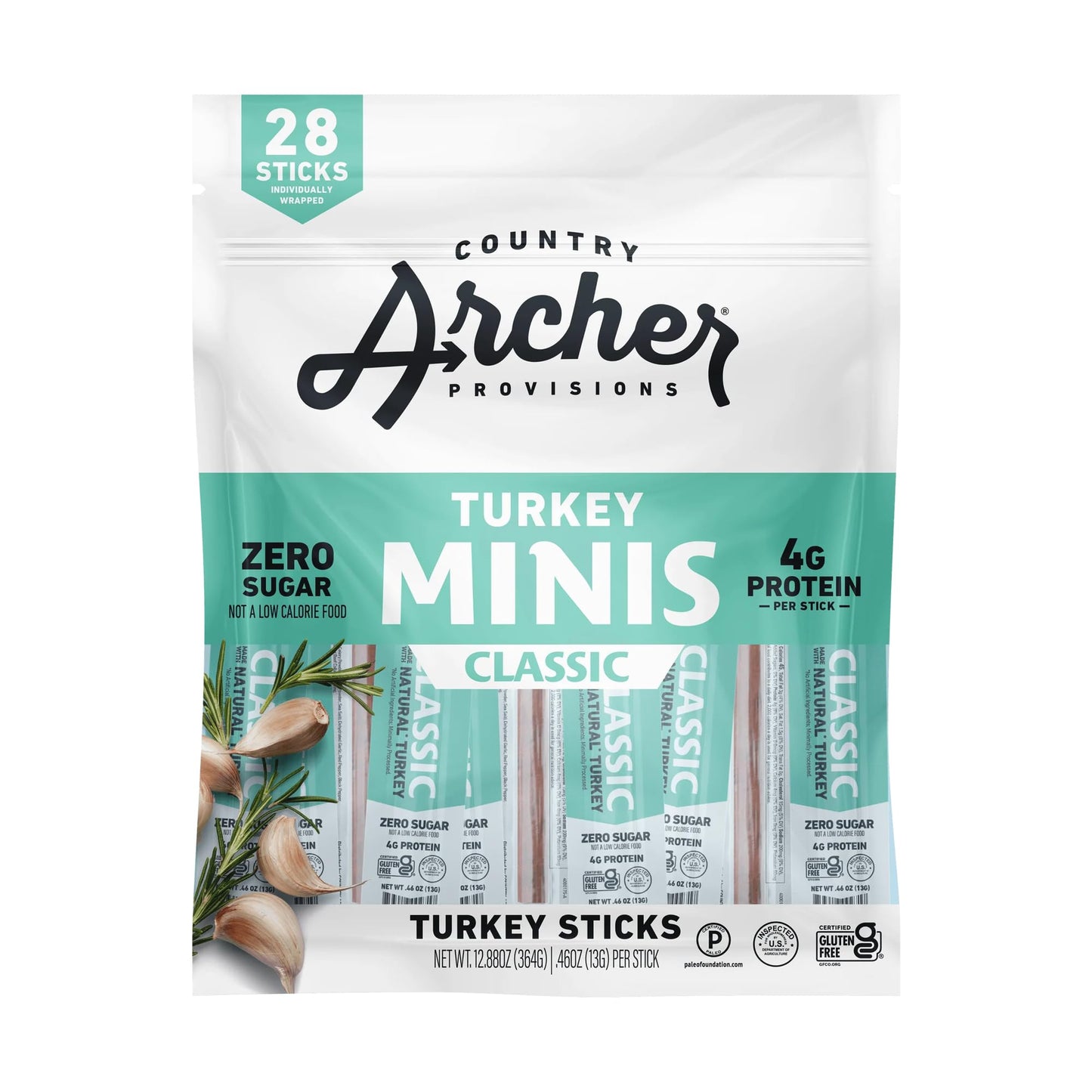 Country Archer Turkey Jerky Sticks - All Natural, Gluten Free, Keto, Rosemary Flavor - 0.5 oz (Pack of 28)