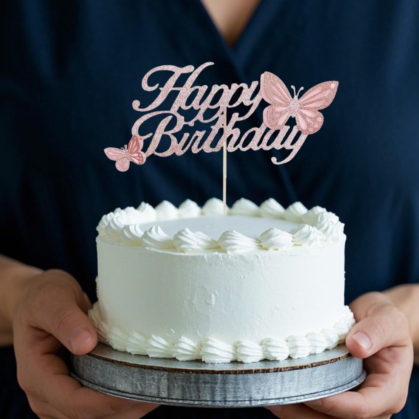 ALISSAR Rose Gold Butterfly Cake Topper, 3D Handmade Decoration for Womens Birthday Party, Model: butterfly-1-rose gold