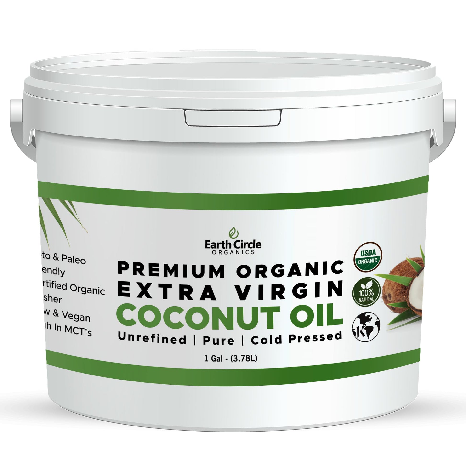 Earth Circle Organics Premium Ultra-Pure Unrefined Cold Pressed Extra Virgin Coconut Oil - Gluten-Free, Keto & Paleo Friendly - 