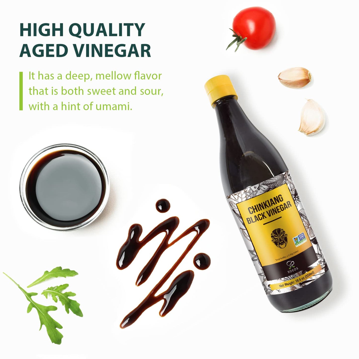 Soeos Chinkiang Vinegar, 18.6 Fl Oz (550Ml), Chinese Black , Traditional , Organic , Zhenjiang Xiangcu, Black Rice Vinegar | Condiment For Cooking Noodles, Braised Meat, Cold Appetizers
