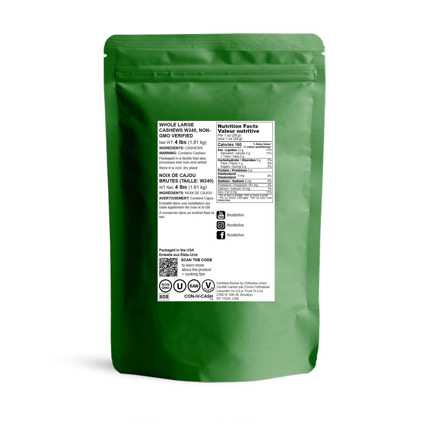Food To Live - Cashew Nuts, 4 Pounds Non-Gmo Verified, Large Size W240, Whole Nuts, Unsalted, Kosher, Raw, Vegan, Bulk