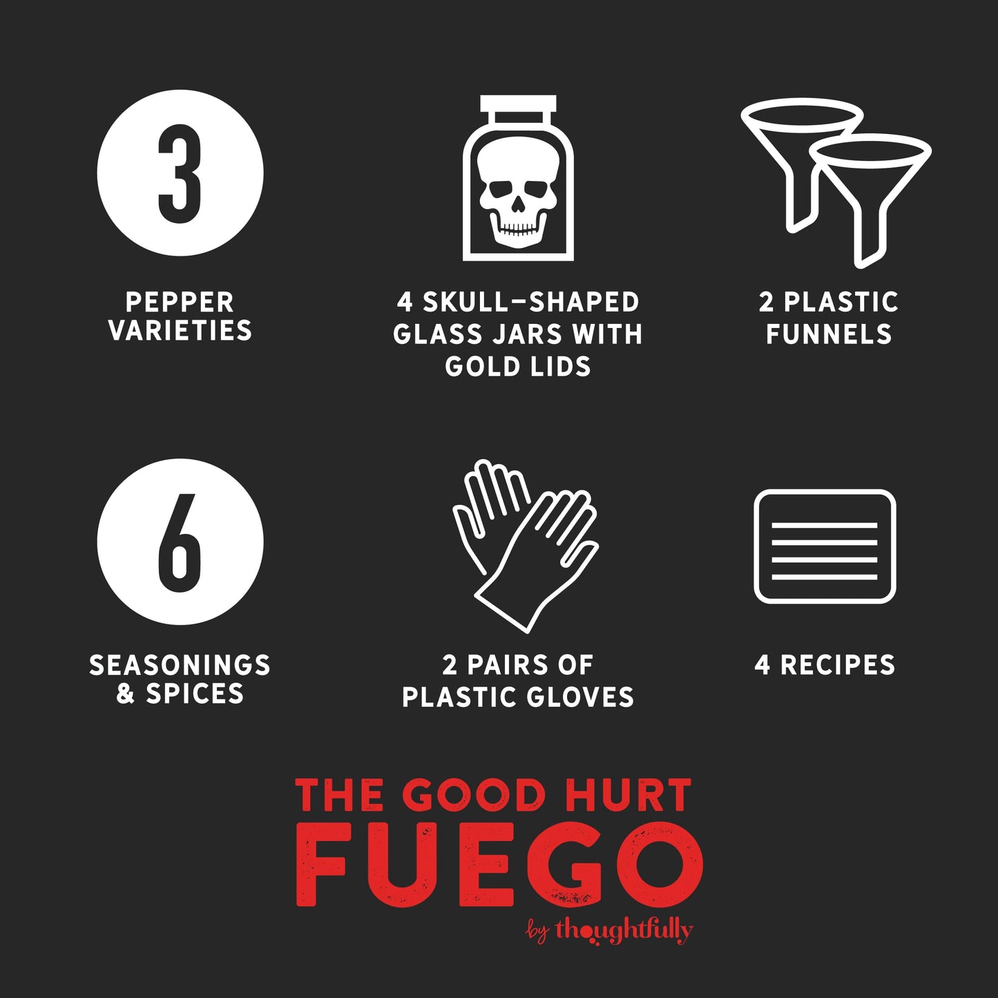 The Good Hurt Fuego by Thoughtfully, DIY Hot Sauce Set, Hot Sauce Making Kit Includes 4 Skull Shaped Reusable Glass Jars, 2 Funn