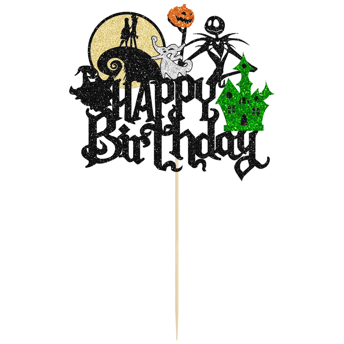 Gyufise 1Pcs Halloween Happy Birthday Cake Topper Glitter Jack And Sally Pumpkin Bat Castle Ghost Halloween Cake Pick For Hallow