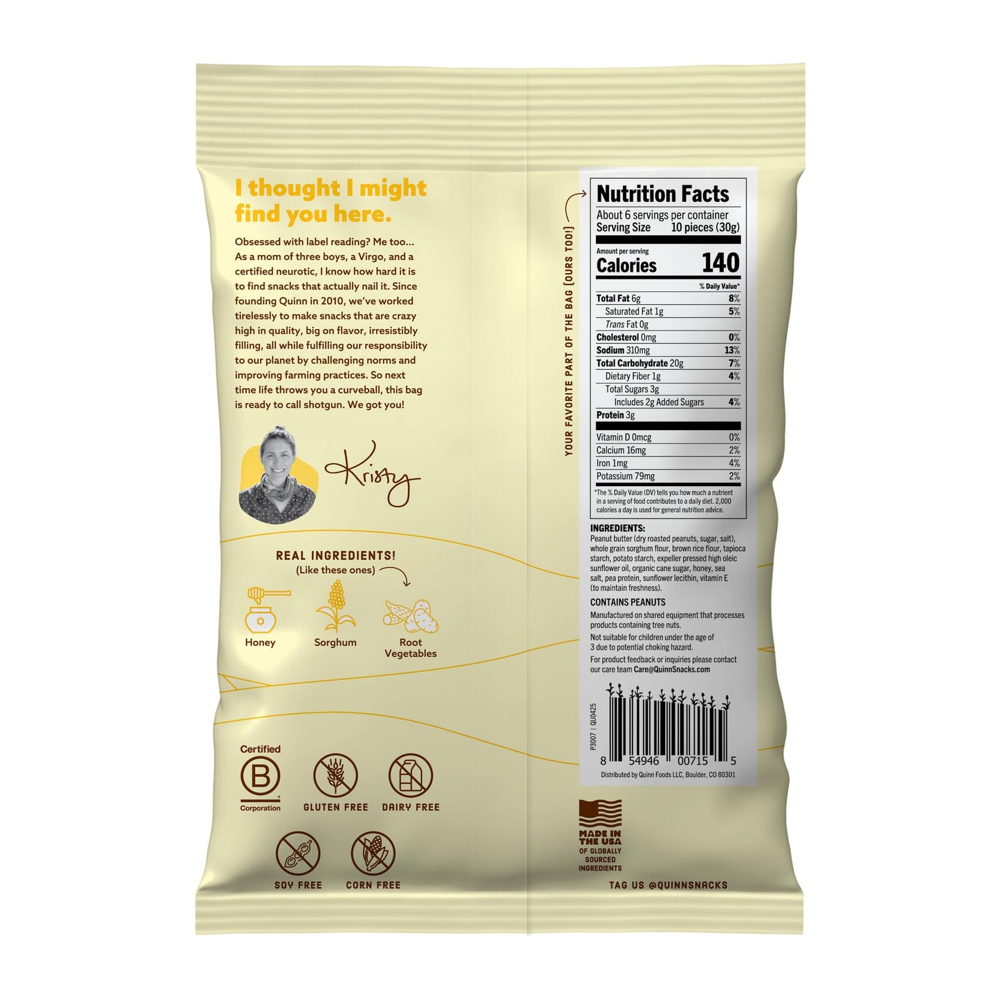 Quinn Snacks Peanut Butter & Honey Filled Pretzel Sticks - Gluten Free Snack  Sweet & Salty  Made with Real Natural Ingredients  Peanuts  Sorghum  & Root Vegetables  Dairy Free - 6 oz (Pack of 1)