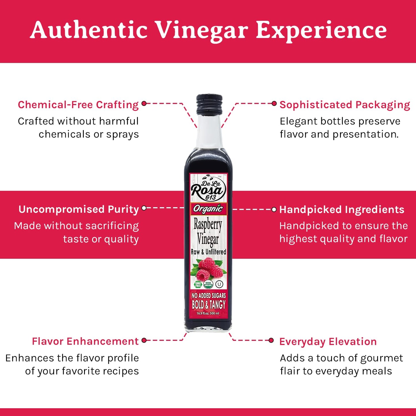 De La Rosa Organic Raspberry Vinegar, Raw & Unfiltered Pure Vinegar, Vegan, Gluten Free & Kosher, Great For Organic Salad Dressi