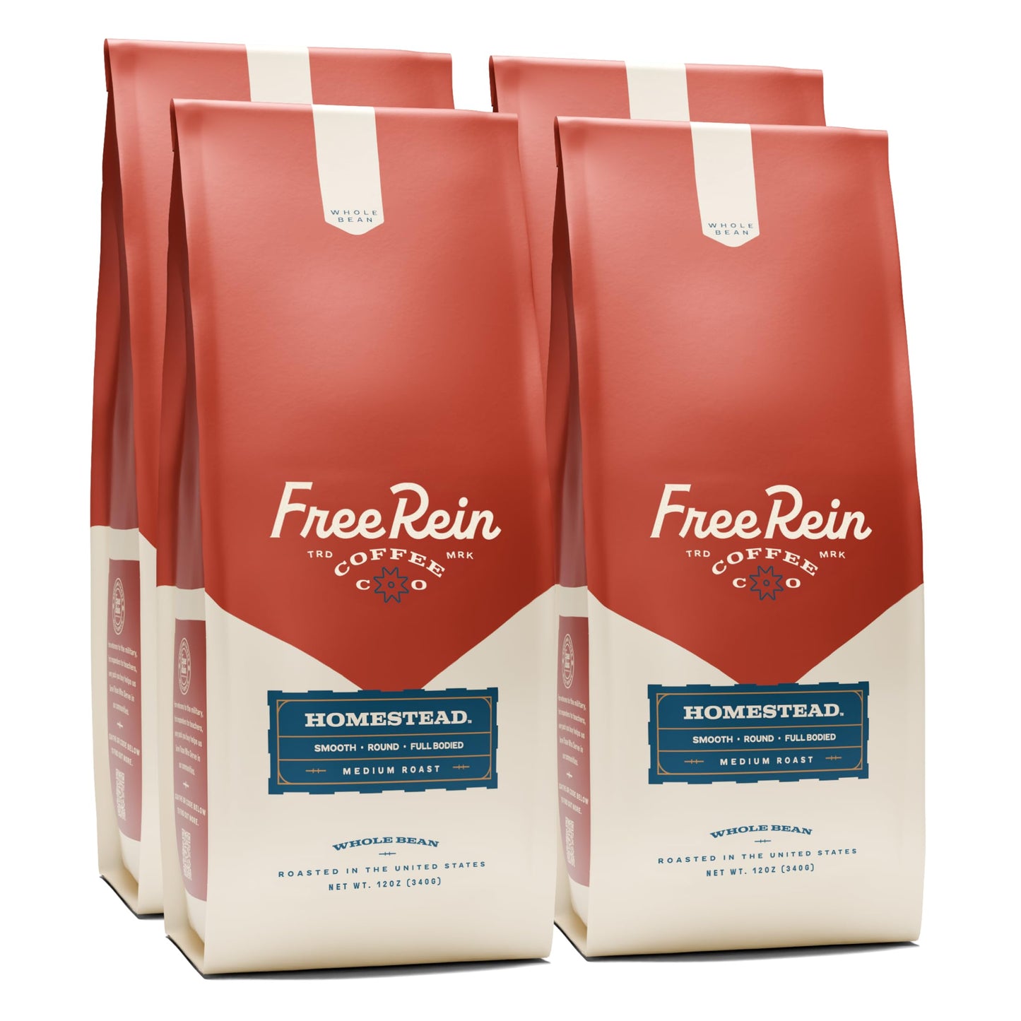 FREE REIN COFFEE Homestead Medium Roast Whole Bean Coffee, 100% Arabica, 12oz Bag (Pack of 4)