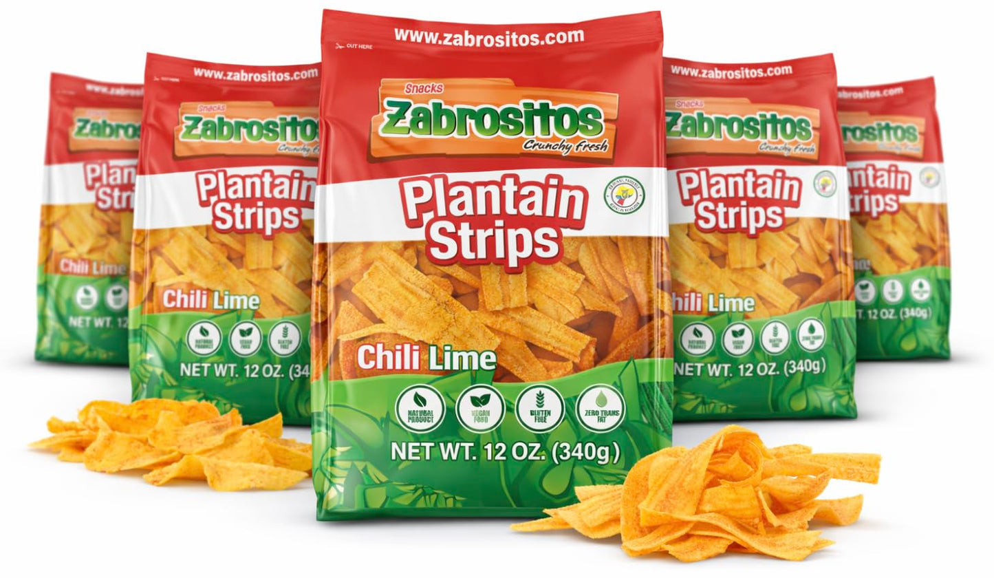 Zabrositos Strips Chips - Plantain Strips with Chili Lime Flavor 12 oz. Fresh, Crunchy, and Natural Snacks. Gluten free and Zero