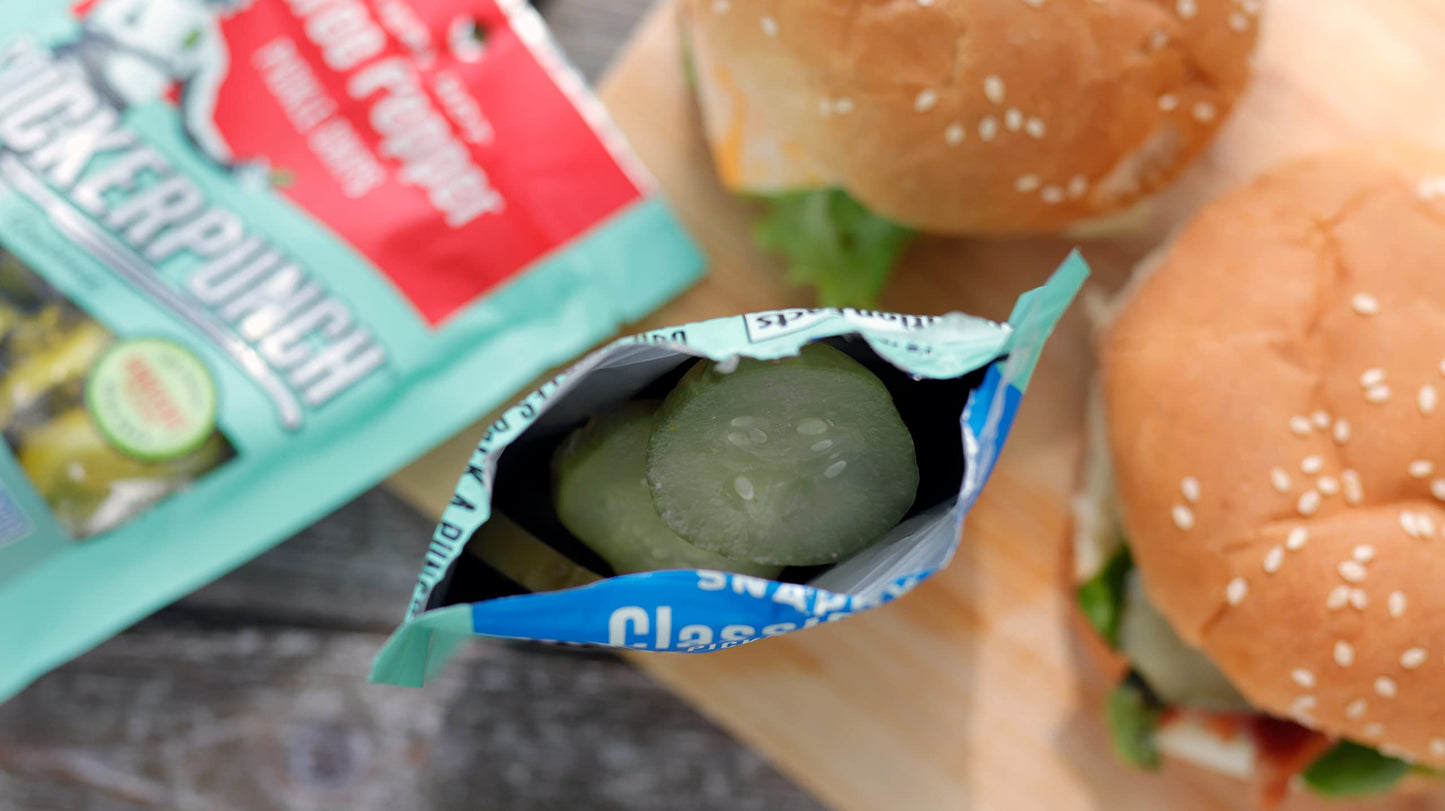 SuckerPunch Snappy Sweet Bread N Butter Dill Pickles Chip-Cut, Gluten Free, Kosher, Sugar Free, Low Calorie, Low Carb, on the Go