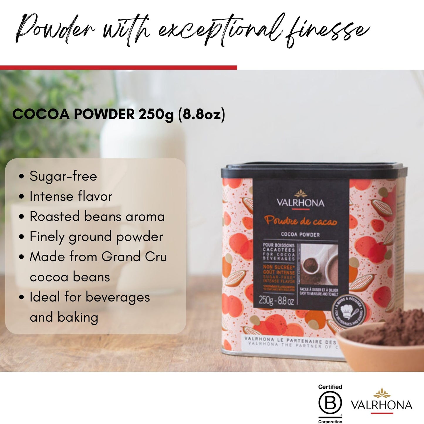 Valrhona Dutch Processed French Cocoa Powder. Chef’S Choice Cocoa Powder. Warm, Red Color, Pure, Dark, Intense Flavor. Poudre De Cacao. Great For Desserts And Hot Chocolate. Kosher. 250G (Pack Of 1)