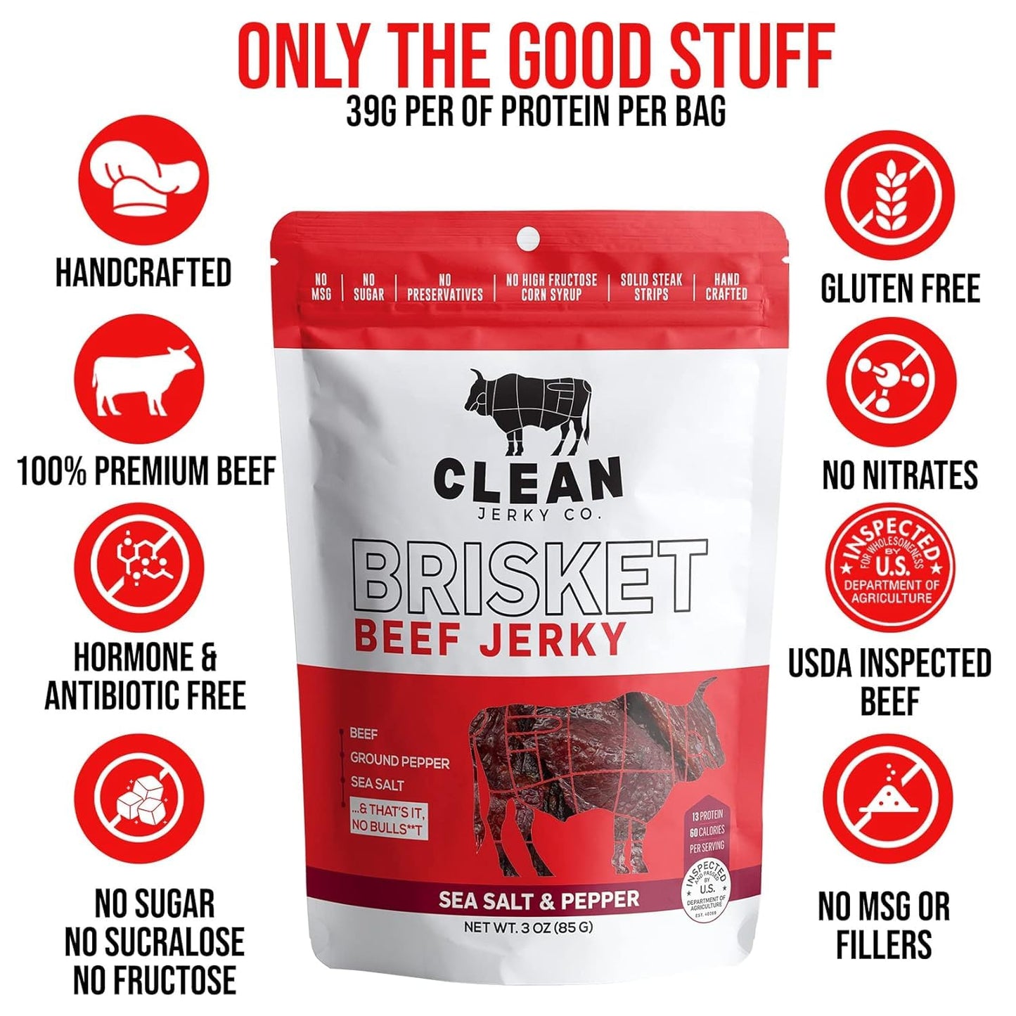Clean Jerky Co. Old Fashioned Dry Zero Sugar Beef Jerky, Salt & Pepper Flavor, 3 Ounce Protein Snack, No MSG, No Sugar, No Nitrates