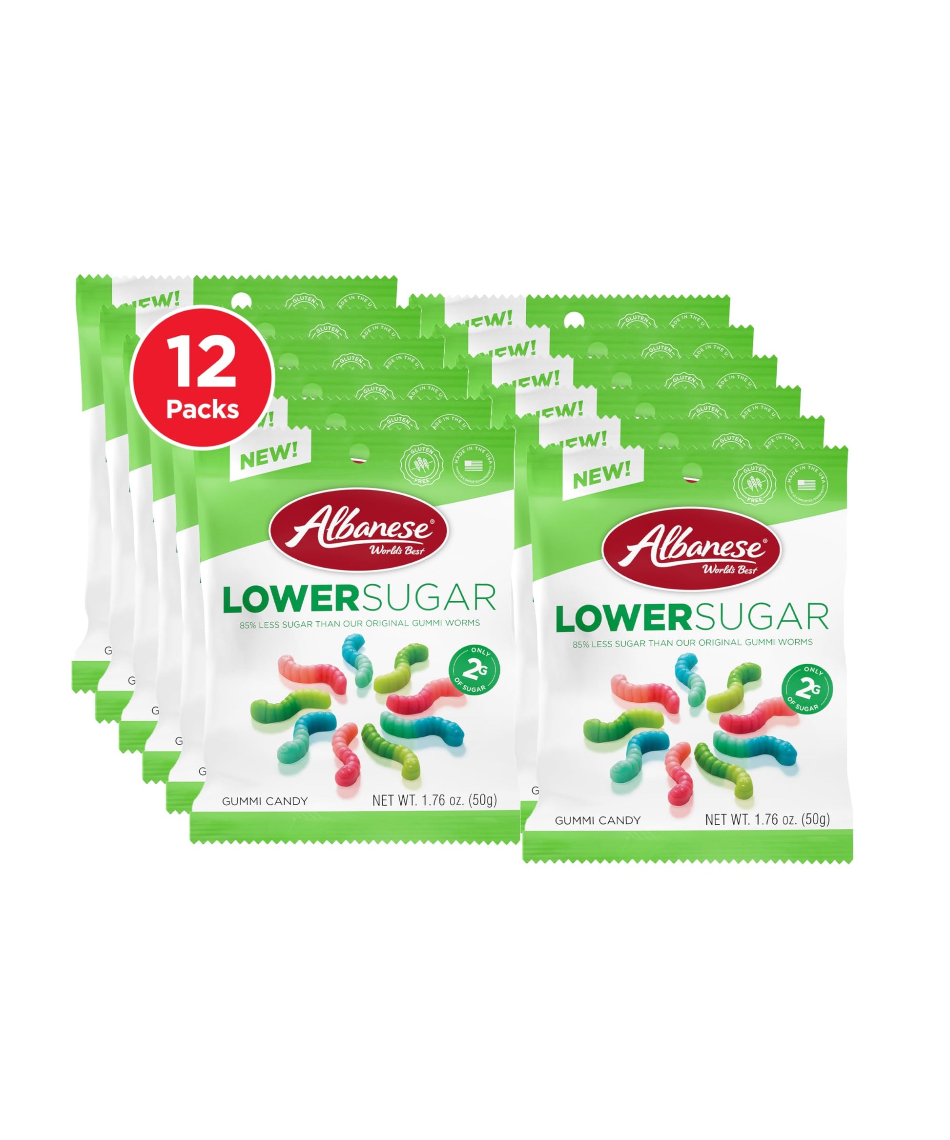 Albanese World'S Best Lower Sugar, Gluten Free Mini Gummi Worms, 1.76Oz Bag (Pack Of 12), Individually Wrapped Soft & Chewy Cand