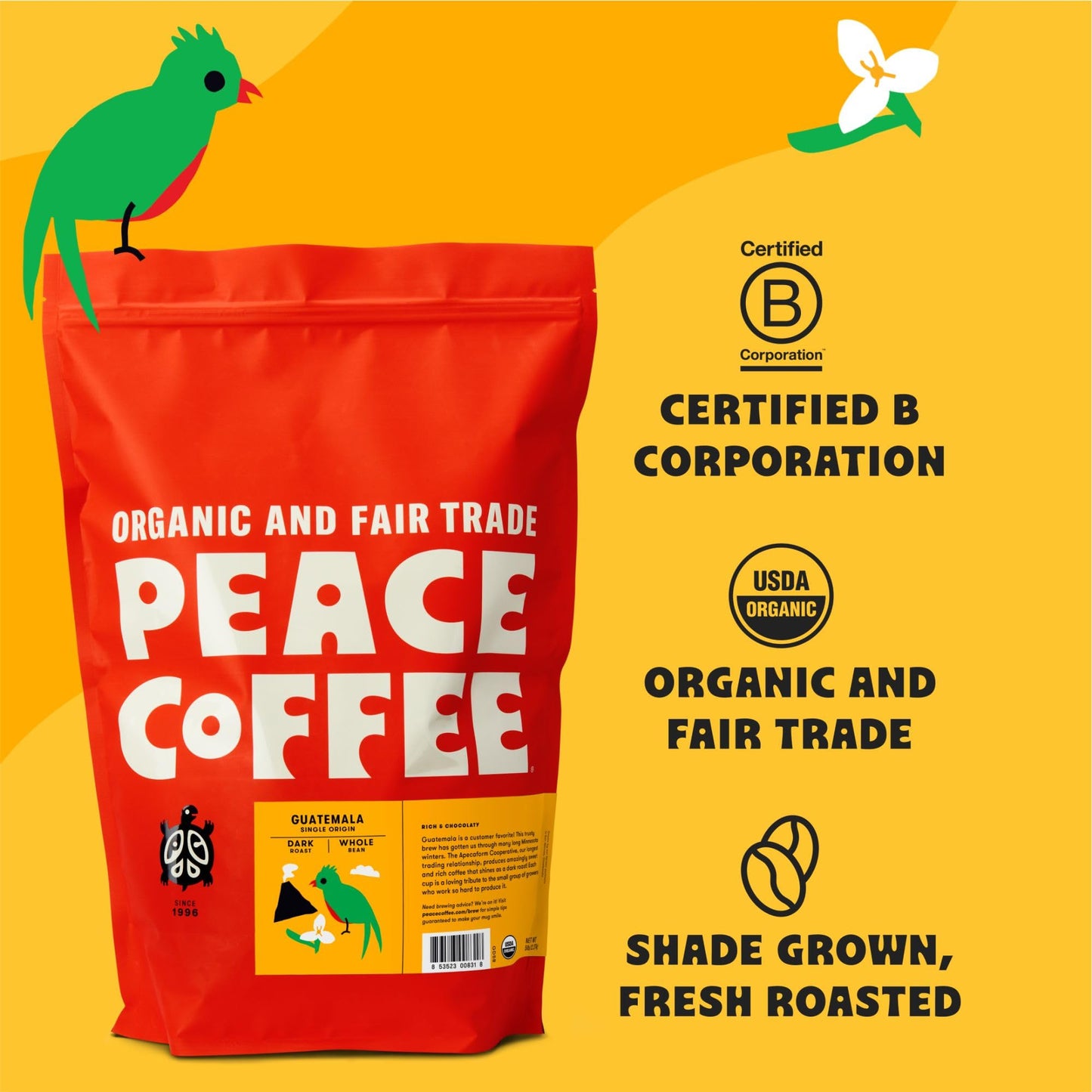 Peace Coffee Guatemala Single Origin Coffee | 5 Lb Ground Dark Roast | Organic Fair Trade | Rich, Chocolatey Flavor | Shade Grow