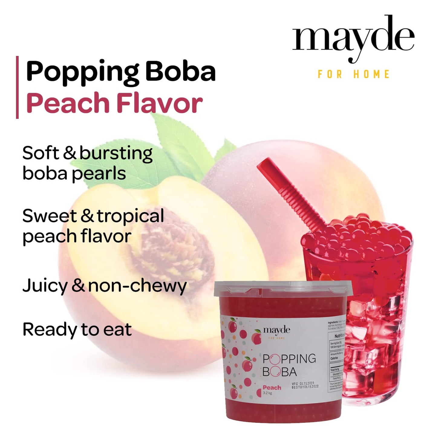Mayde Popping Boba Pearls For Drinks, Desserts, & Breakfast Bowls (Peach Flavor, 7 Pounds)