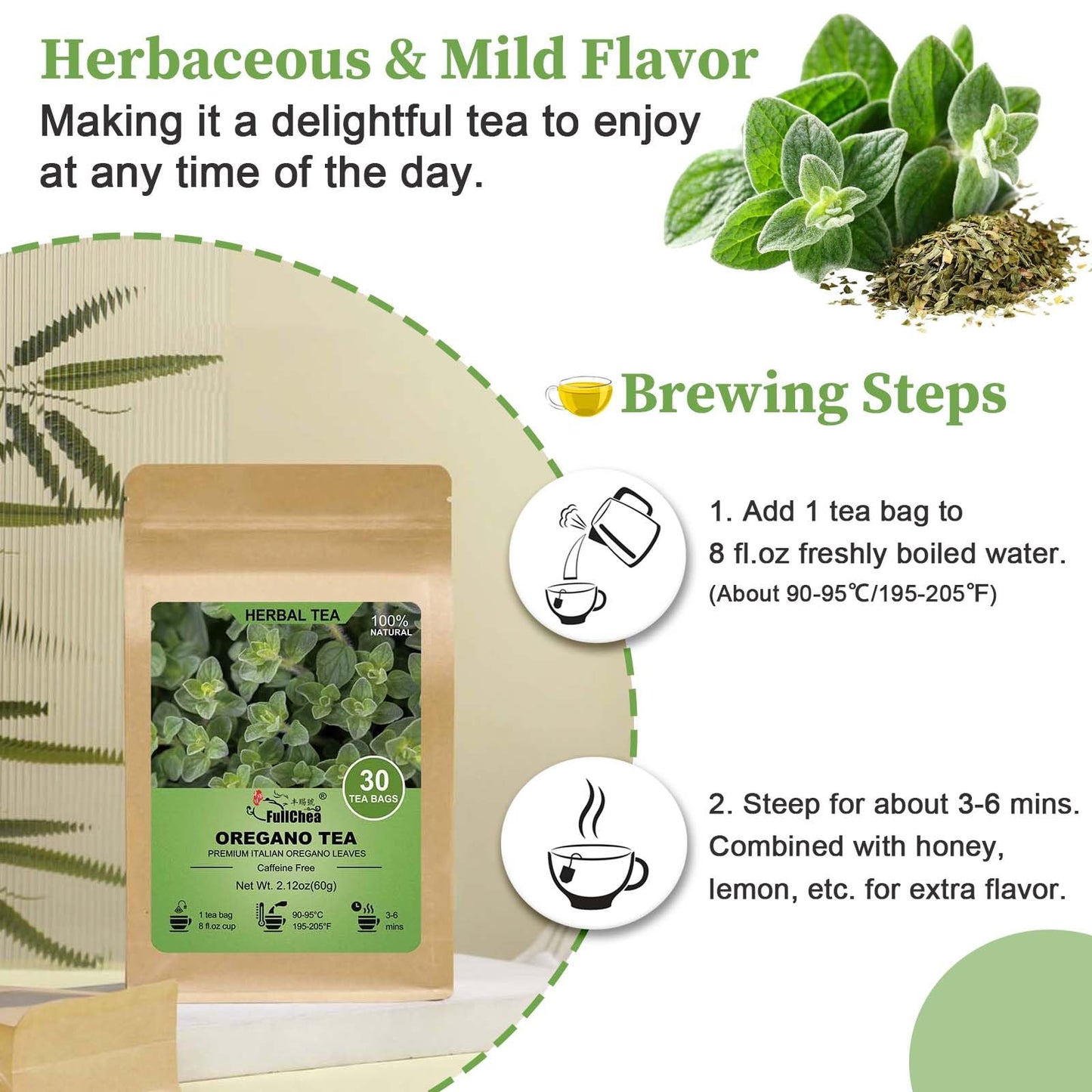 FullChea Oregano Tea Bags - Premium Non-GMO Herbal Tea, Caffeine-Free, 30 Teabags, 2g Each, Supports Digestion and Immunity