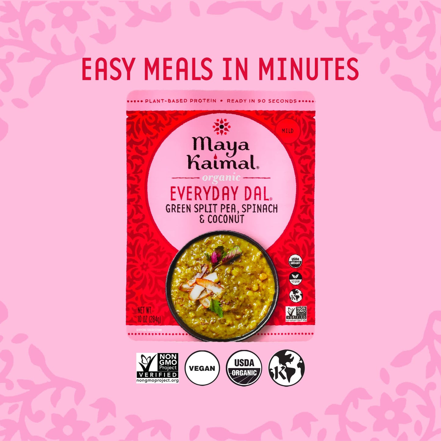 Maya Kaimal Organic Indian Green Split Pea Everyday Dal, Fully Cooked With Spinach And Coconut. Vegan, Microwavable, Ready To Ea