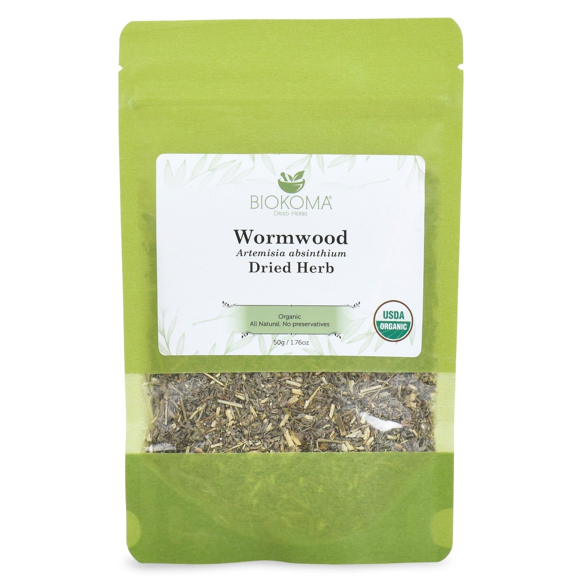 Biokoma Organic Wormwood Dried Herb 50g (1.76oz) - Resealable Pouch, USDA Certified, No Additives, No Preservatives, Kosher