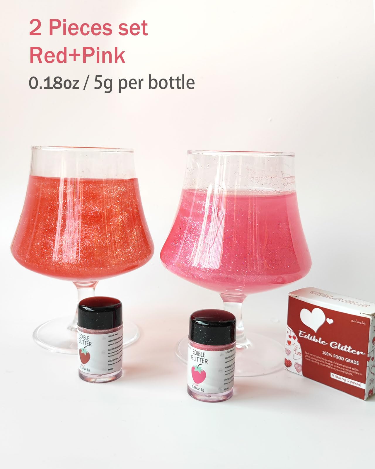 Colaele Red Pink Edible Glitter Powder for Cakes & Drinks - 5g Food Grade Luster Dust