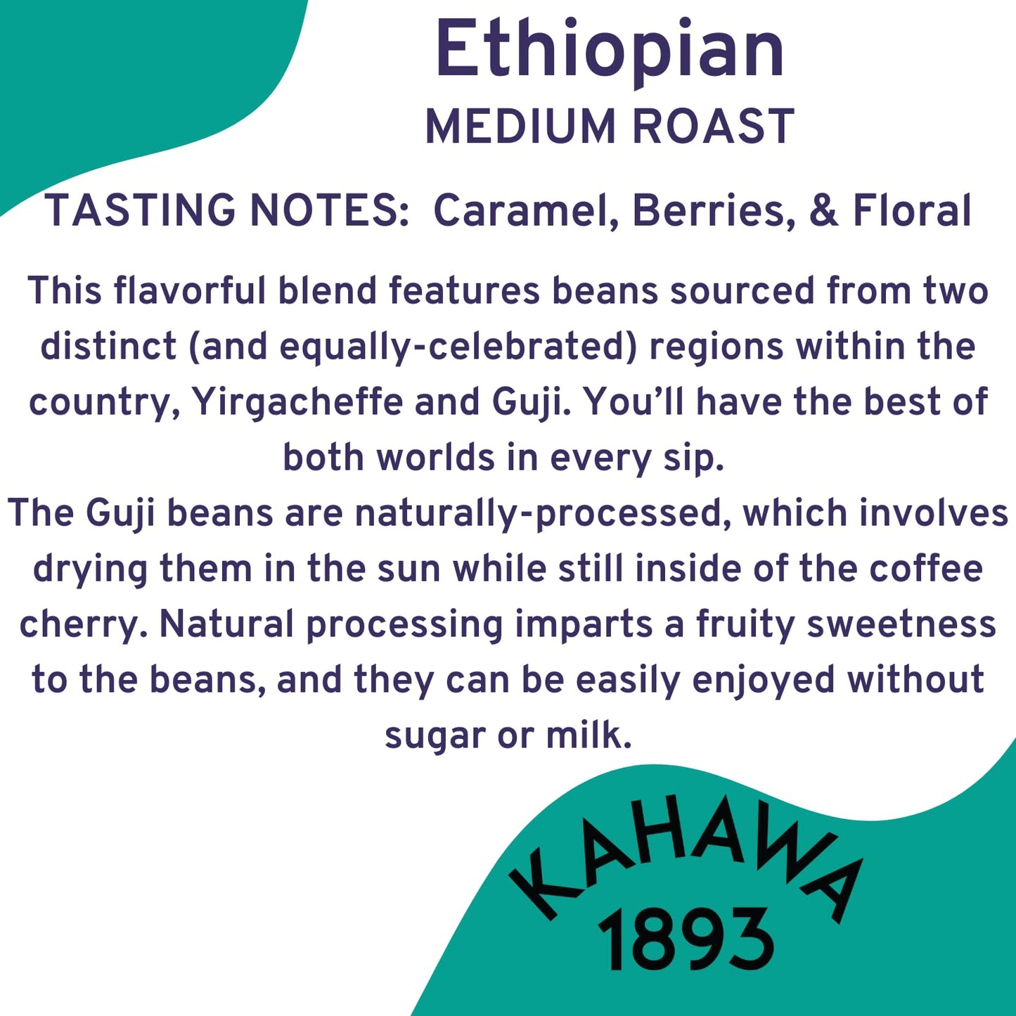 KAHAWA 1893 Whole Coffee Beans Ethiopian Blend Medium Roast 12oz (Pack of 2) - Sun Dried, Tasting Notes: Caramel, Berries, Floral