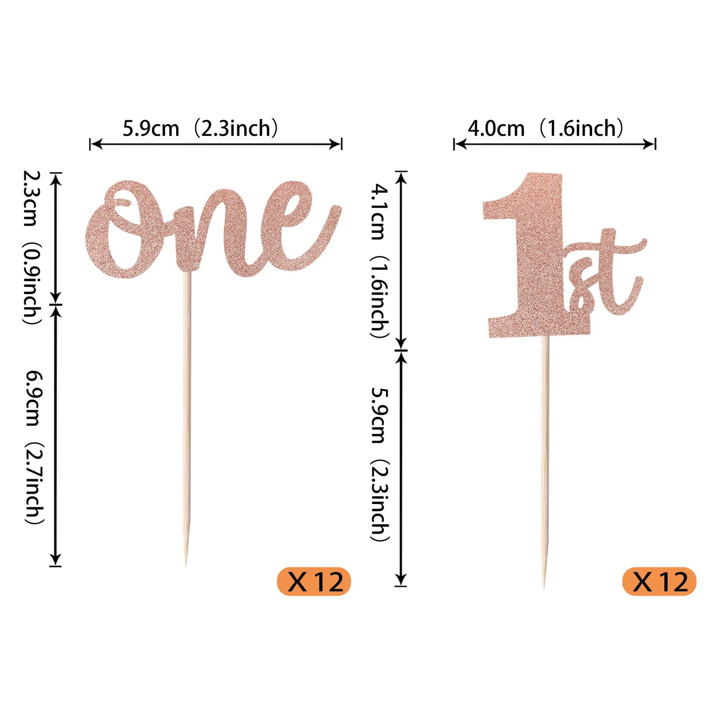 Rssta i Cupcake Toppers 24 Pack Glitter 1st Birthday Picks Paper Rose Gold Model XM060