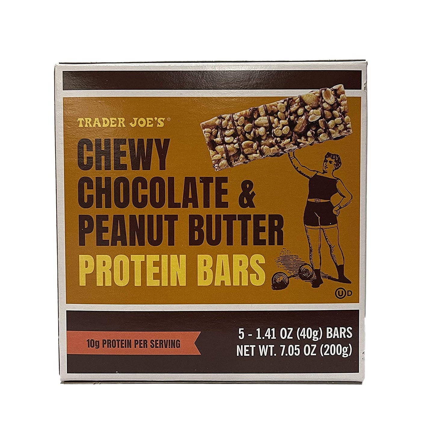 Trader Joes Chewy Chocolate & Peanut Butter Protein Bars - 5 Bars In A Box - 10G Protein Per Serving