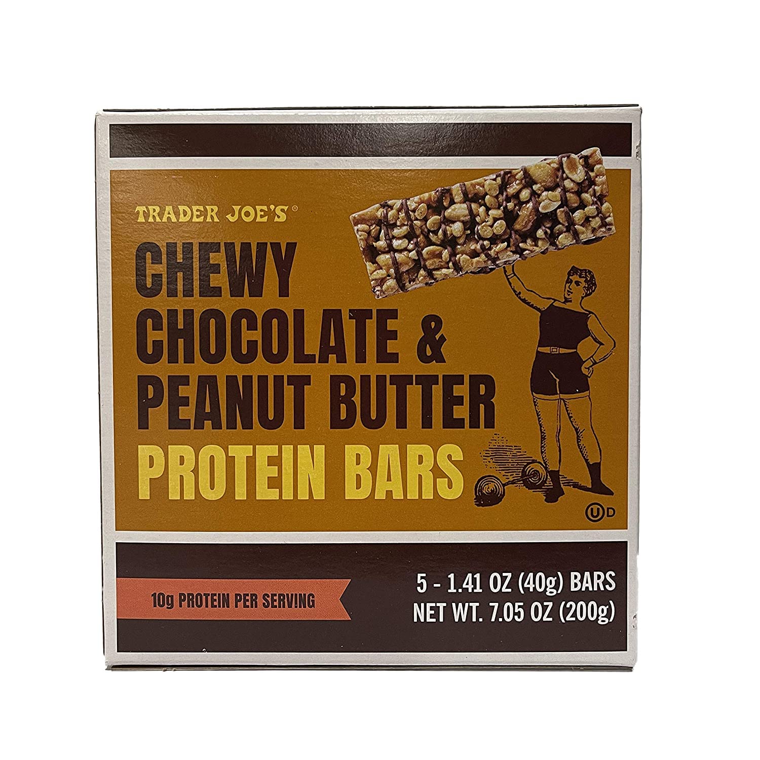 Trader Joes Chewy Chocolate & Peanut Butter Protein Bars - 5 Bars In A Box - 10G Protein Per Serving
