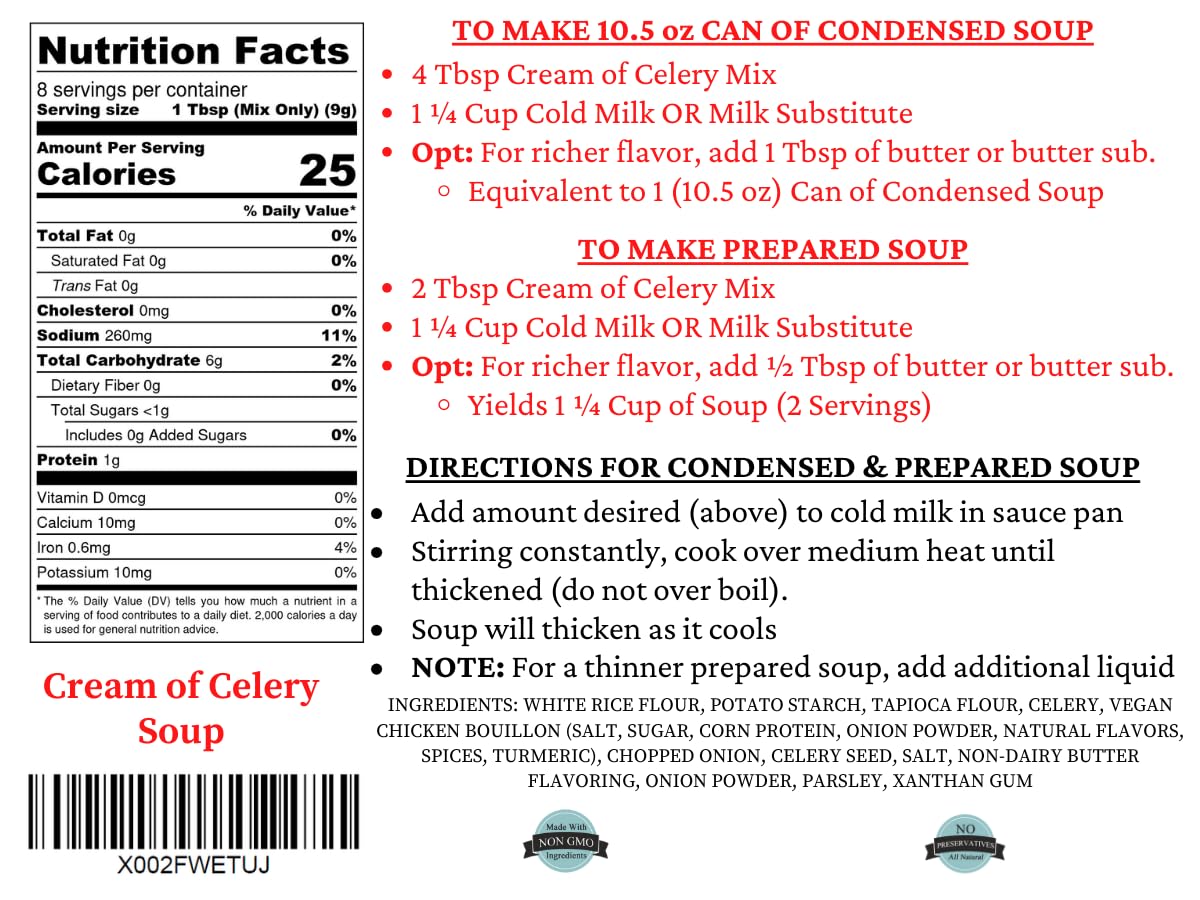 Moms Place Gluten Free & Dairy Free Cream of Celery Soup Mix, Equal to 2 Cans of Condensed Soup 2.4 oz