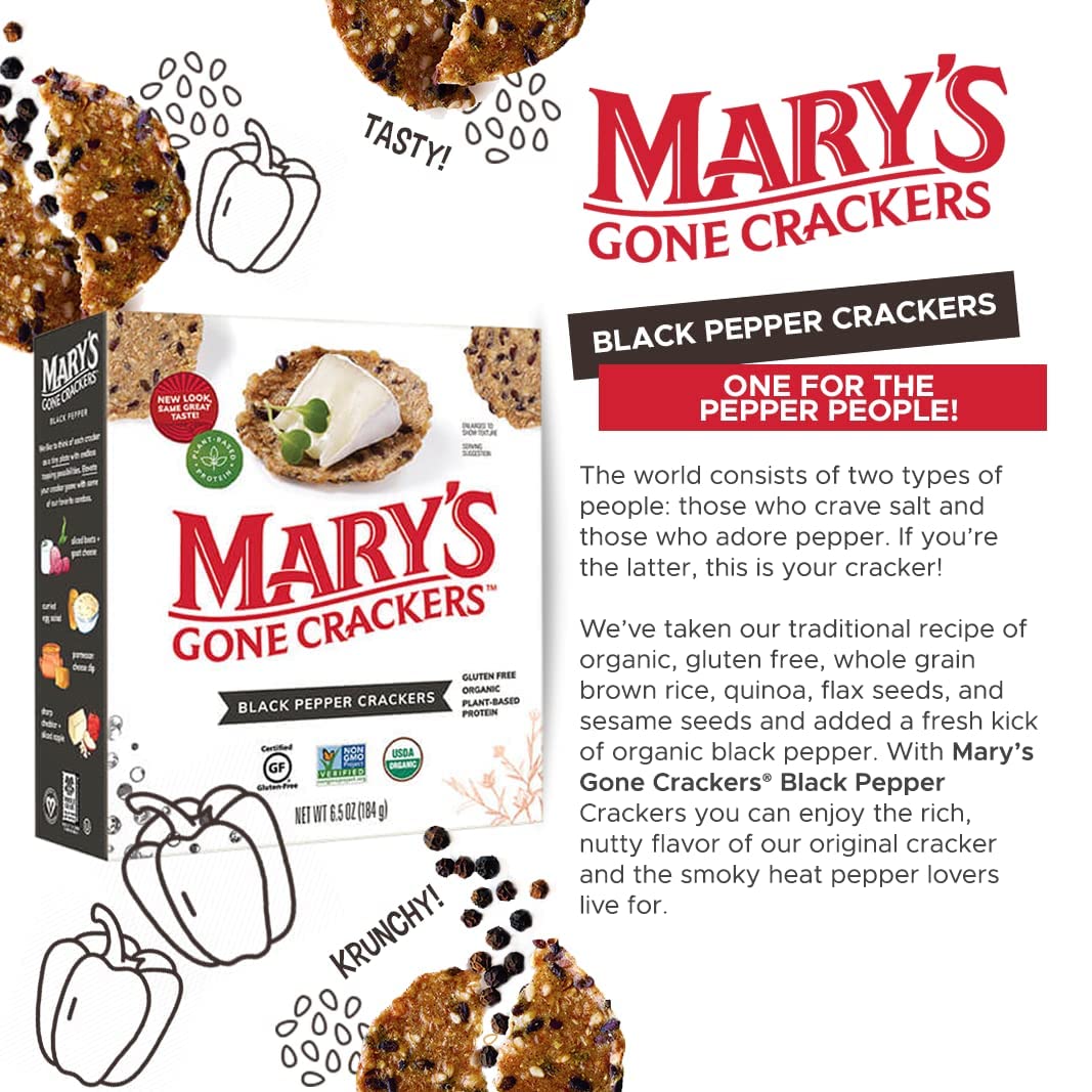 Mary'S Gone Crackers Black Pepper Crackers, 6.5 Ounce (Pack Of 6), Organic Brown Rice, Flax & Sesame Seeds, Gluten Free, (00010)