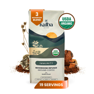 Kalba Organic Mushroom Coffee Grounds, Medium Roast 10 oz | Arabica Coffee with Lion's mane, Chaga, Turkey Tail, & Nigella Seed 