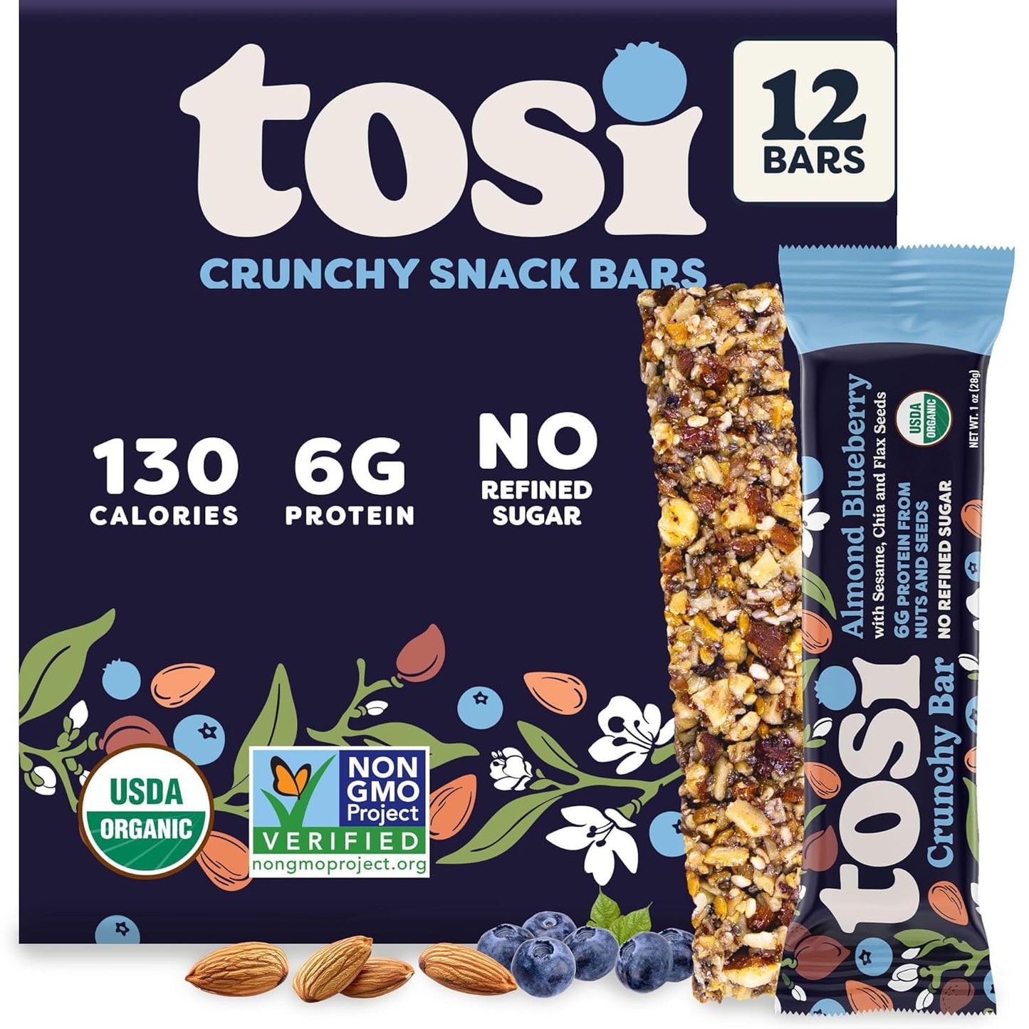 Tosi Almond Blueberry Protein Bars, Vegan, Gluten-Free, 12 Count, Organic, 5G Protein, Soy-Free, Omega 3s