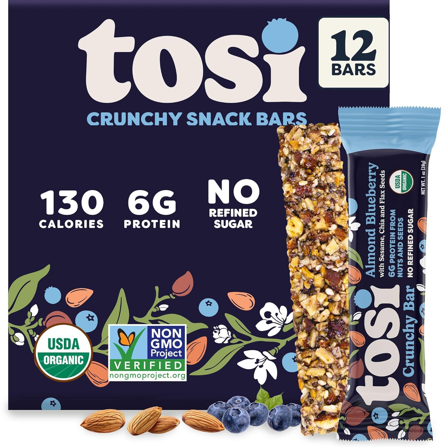 Tosi Almond Blueberry Protein Bars, Vegan, Gluten-Free, 12 Count, Organic, 5G Protein, Soy-Free, Omega 3s