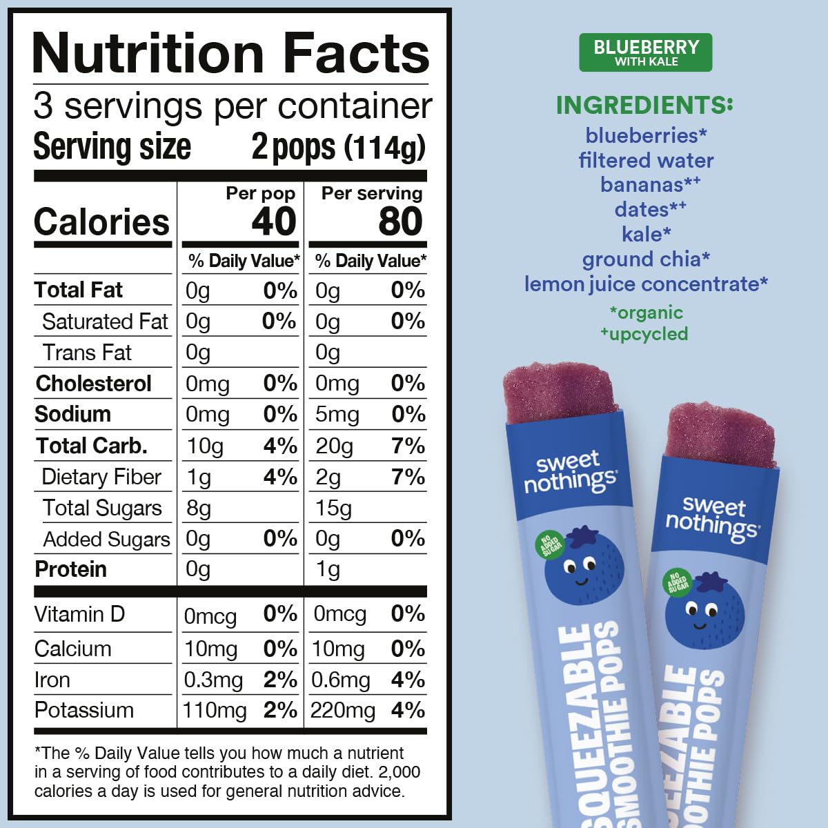 Sweet Nothings, Blueberry, Usda Organic Kids' Squeezable Super Fruit Smoothie Freezie Pops, Value Pack Of 24 - Dye-Free, No Adde
