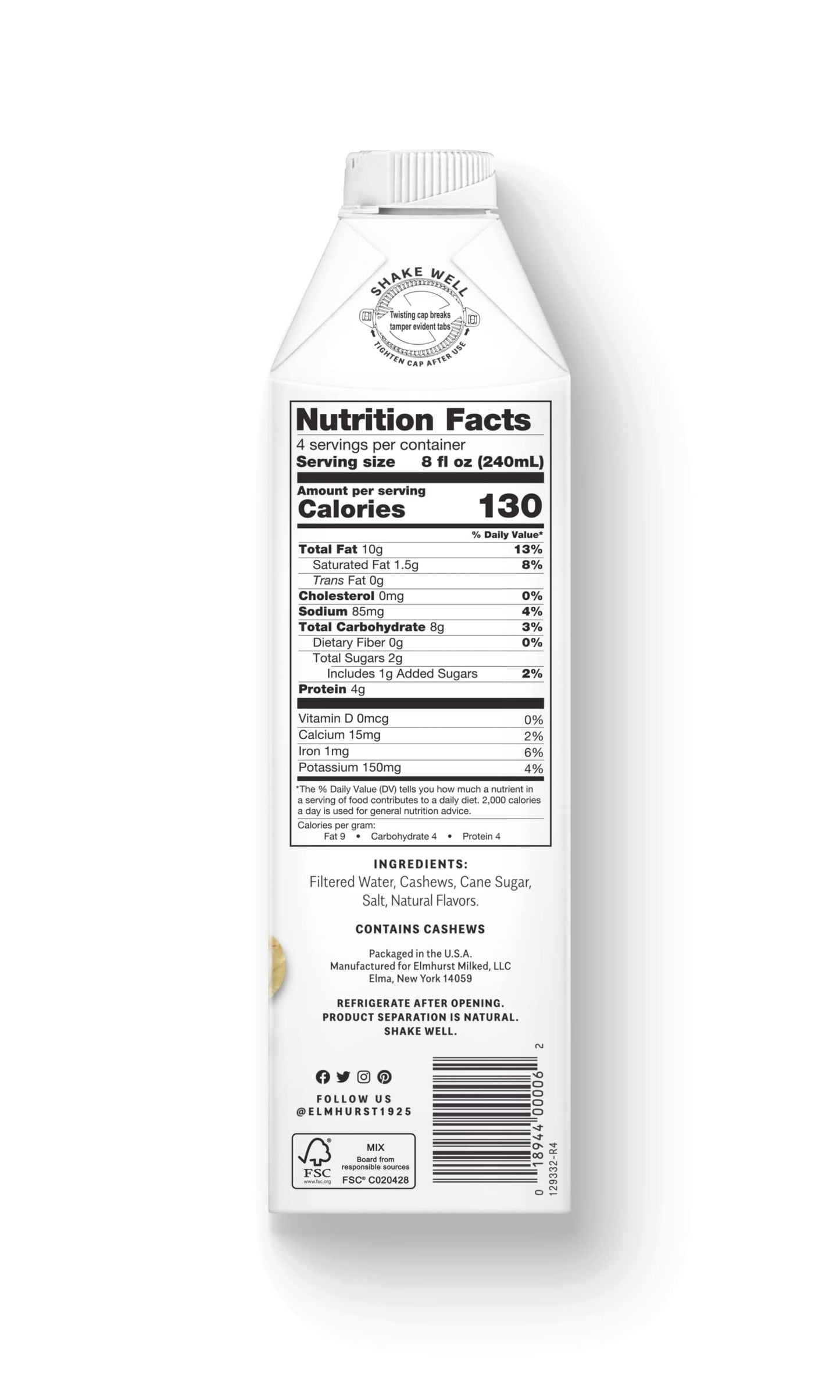 Elmhurst Cashew Milk - Dairy-Free, Vegan, Gluten-Free - 32 Ounce (Pack of 6)