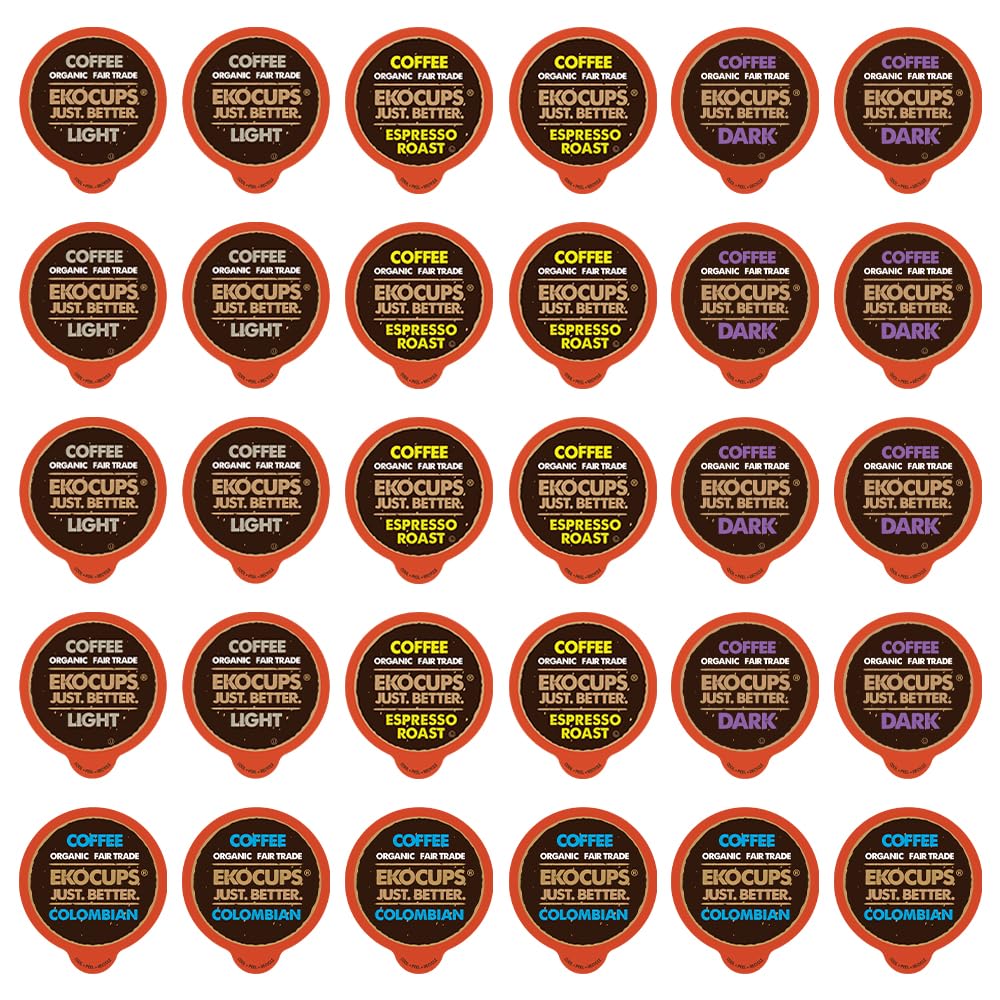 EKOCUPS Organic & Fair Trade Gourmet Hot or Iced Coffee Single Serve Cups for Keurig K Cup Brewer Variety Pack Sampler, 30 Count