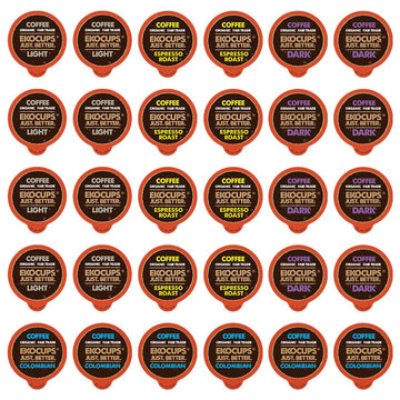 EKOCUPS Organic & Fair Trade Gourmet Hot or Iced Coffee Single Serve Cups for Keurig K Cup Brewer Variety Pack Sampler, 30 Count