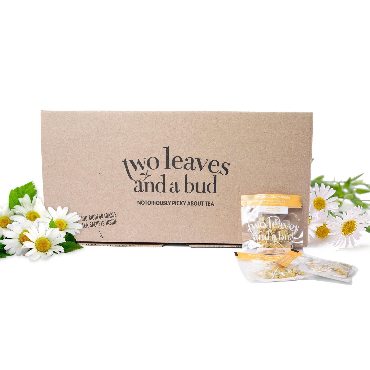 Two Leaves and a Bud Organic Chamomile Tea Bags, Naturally Caffeine Free, 100 Count, Whole Leaf Herbal Tea in Compostable Sachets
