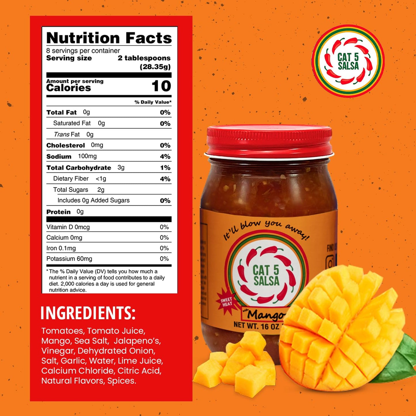 CAT 5 SALSA Mango Chili Sauce - Gourmet Salsa for Dips & Snacks - 16 oz Jar